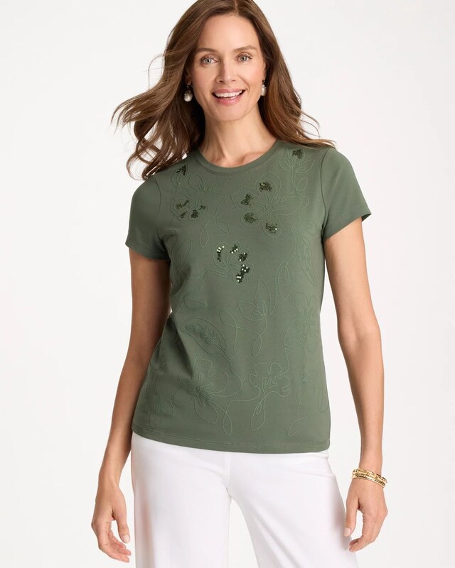 Embellished Cotton Stretch Cap-Sleeve Tee - image 1